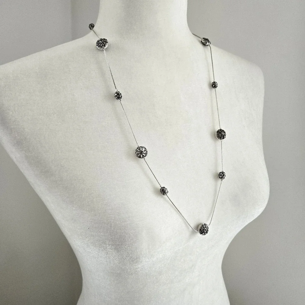 Vintage Trifari Necklace Silvertone Medallion Charm Long Chain Classic Retro 30